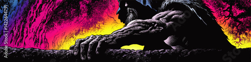 Dark Mystic Hooded Wizard Illustration with Powerful Muscular Arms in Vibrant Neon Fantasy Cave Setting Graphic Novel Style Vector Art Design for Storytelling and Posters