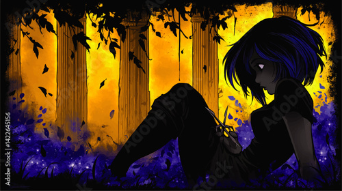 Stunning Vector Art Illustration of Mysterious Gothic Girl with Scissors Sitting Against Ancient Columns Surrounded by Falling Leaves and Magical Golden Background