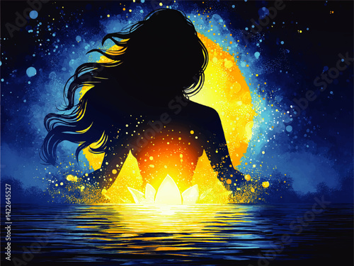 Mystical Vector Illustration of Woman Silhouette Meditating with Glowing Lotus Flower on Cosmic Background Spiritual Awakening and Enlightenment Conceptual Digital Art