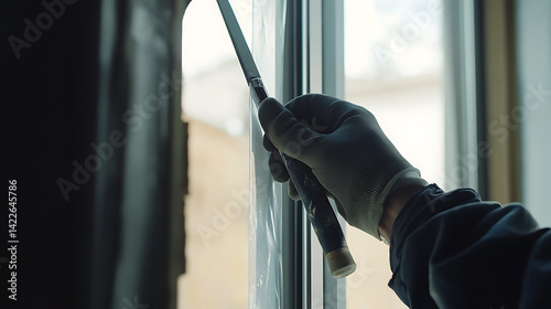 Obraz na płótnie Hand in Glove Using Tool to Install Window Film w salonie