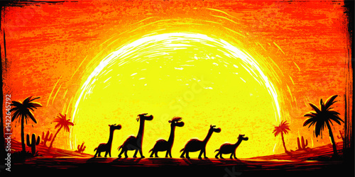 Stunning Vector Illustration of Giraffe Family Silhouettes Walking at Sunset in Warm Vibrant African Desert Landscape with Palm Trees Cactus and Huge Bright Sunshine