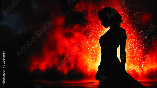Captivating Silhouette of Woman Against Explosive Fiery Background Stunning Vivid Vector Art Portrait with Fire Sparks Dramatic Scene Artistic Concept Illustration