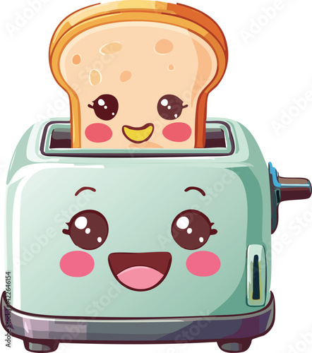 Kawaii Bread Slice in Pastel Toaster with Smiling Faces Vector Illustration