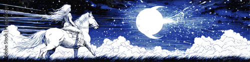 Vector Illustration of Fantasy Scene with Woman Riding Horse Under Stars Towards Glowing Moon in Night Sky Mysterious Dreamlike Conceptual Art Blue Shade and Clouds