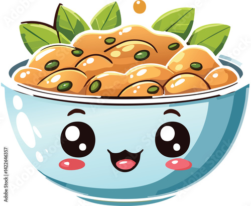 Cute Cartoon Natto Rice Bowl with Smiley Face Illustration Food Kawaii Japanese Cuisine Illustration Suitable for Restaurant Decoration Isolated on White Background Graphic Design Element