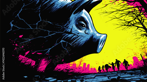 Dramatic Vector Illustration of Giant Broken Piggy Bank with Shadowy Figures in Bright Contrasting Colors Representing Financial Crisis and Economic Collapse Concept