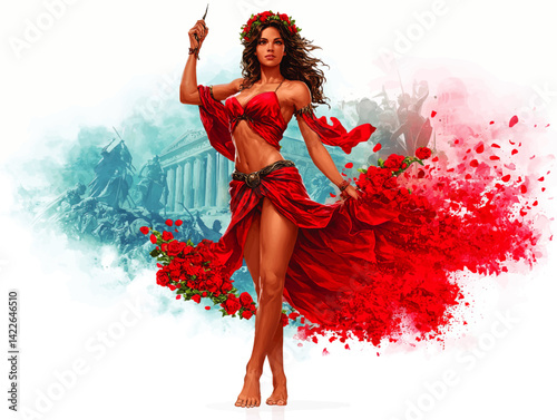 Stunning vector illustration of mythical goddess in flowing red dress holding roses with historical military background detailed fantasy art digital graphics style