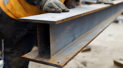 Obraz na płótnie Worker Holding a Steel Beam in Construction Site w salonie
