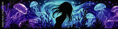 Enchanting Mystical Underwater Vector Illustration Featuring Silhouette of Woman with Flowing Hair Surrounded by Glowing Jellyfish and Magical Ocean Sea Background
