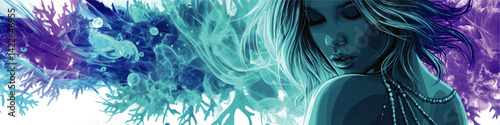 Mesmerizing Vector Illustration of Beautiful Woman with Flowing Hair and Pearl Necklace Surrounded by Abstract Blue Purple Coral Reef and Water Bubble Background Art