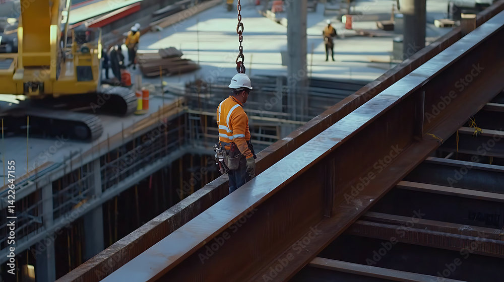 Construction Worker on Steel Beam at Site