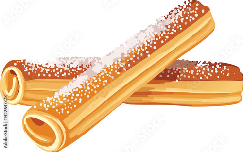 Crispy Churro Sticks Sprinkled with Sugar Isolated on White Illustration For Dessert Menu Decoration and Recipe Book Ready for Print