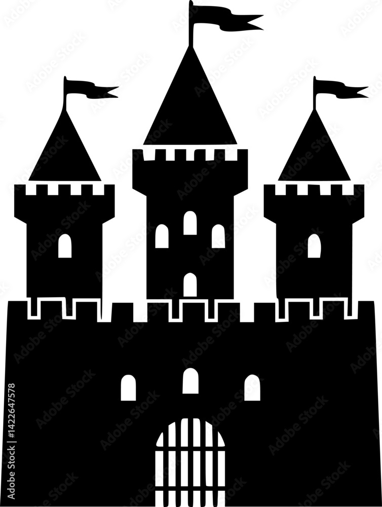 Obraz premium Castle with watchtowers and flag icon. Black silhouette. Front view. Vector