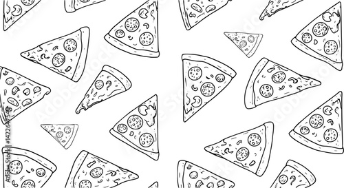 Small black contour linear pizza slices isolated on white background. Cute monochrome seamless pattern. Vector
