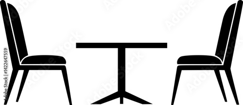 Small table and chairs icon. Coffee table. Black silhouette. Front side view. Vector 