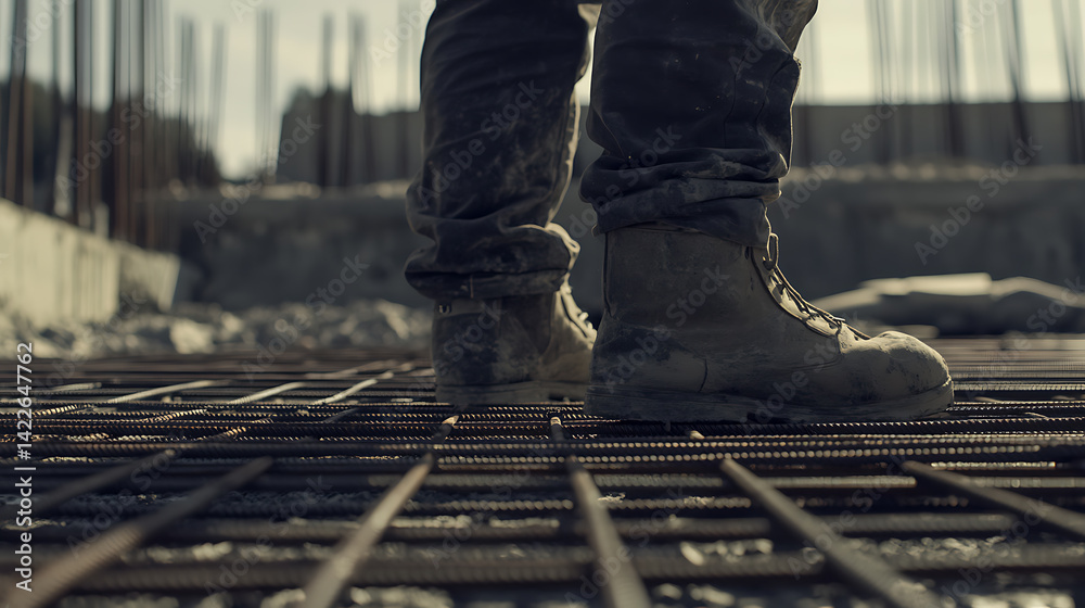 Construction Worker's Feet on Reinforcement Grid