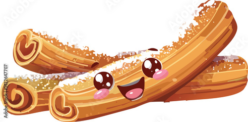 Three Kawaii Churro Sticks Sprinkled with Sugar on White Background Cute Faces Illustration Perfect For Decoration