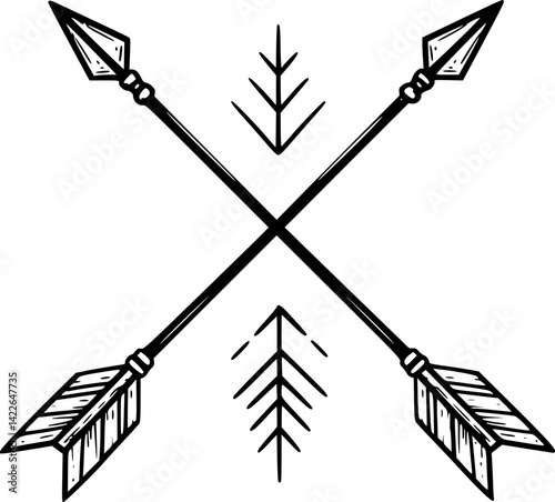 Crossed bow arrows icon. Black outline linear silhouette. Editable strokes. Front side view. Vector