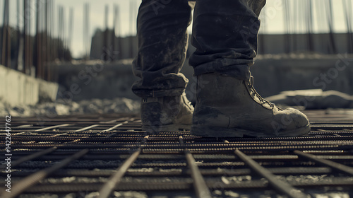 Obraz na płótnie Construction Worker's Feet on Reinforcement Grid w salonie