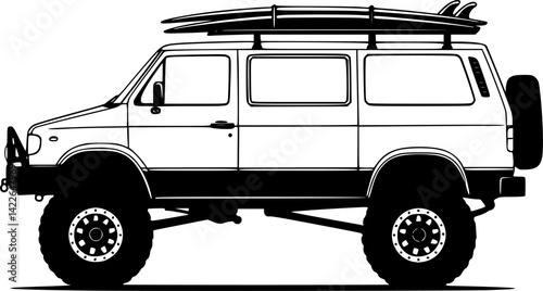 Off-road camper with surfboard icon. Black silhouette. Side view. Vector