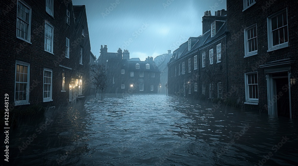 Fototapeta premium Realistic Photography of Flooded Streets in Urban Environment at Night with Dim Lighting and Reflection on Water Surface