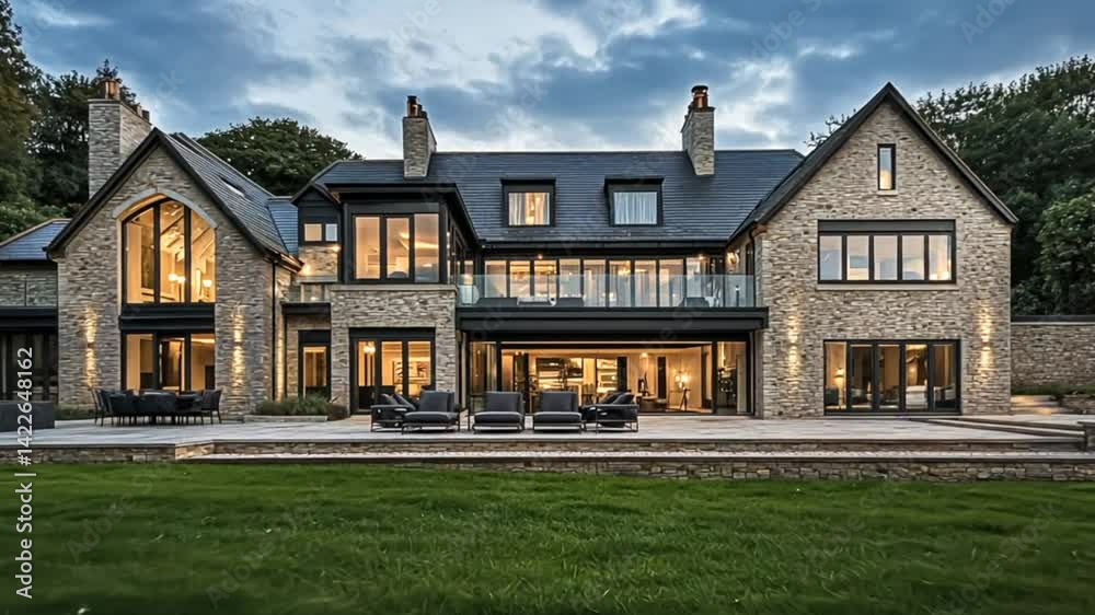 Modern house architecture, blending traditional architectural elements with contemporary design, featuring grand facade, large windows, manicured garden Modern house architecture, blending traditional architectural elements with contemporary design, featuring grand facade, large windows, manicured garden
