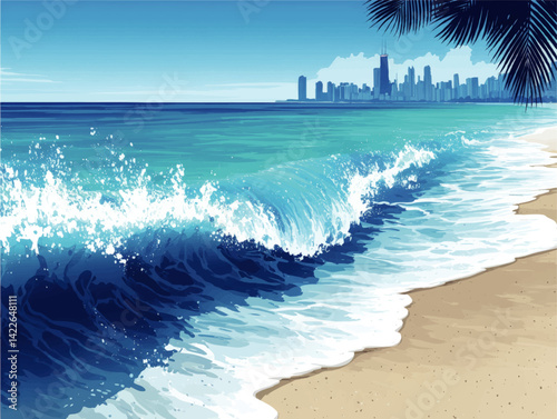 Stunning Tropical Beach Vector Illustration with Crashing Waves Sandy Seashore Clear Blue Ocean Water Palm Leaves and Modern City Skyline Background for Relaxation