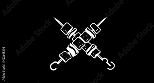 Shashlik on a skewer icon. Black silhouette. Front side view. Vector simple flat graphic illustration.