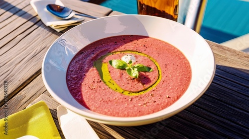Fresh Gazpacho Soup in White Bowl with Olive Oil Drizzle