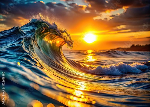 Golden Sunset Wave, Ocean Tranquility, High Definition