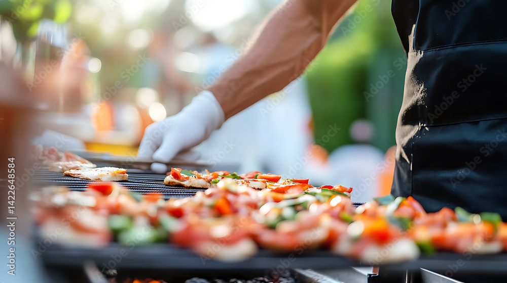 Chef Preparing Bruschetta on Outdoor Grill