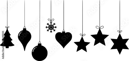 Hanging Christmas tree balls. Black silhouette. Horizontal front side view. Vector simple flat graphic illustration
