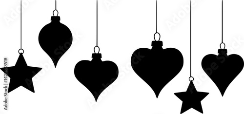 Hanging Christmas tree balls. Black silhouette. Horizontal front side view. Vector simple flat graphic illustration