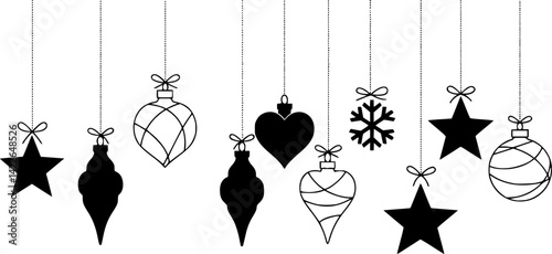 Hanging Christmas tree balls. Black silhouette. Horizontal front side view. Vector simple flat graphic illustration