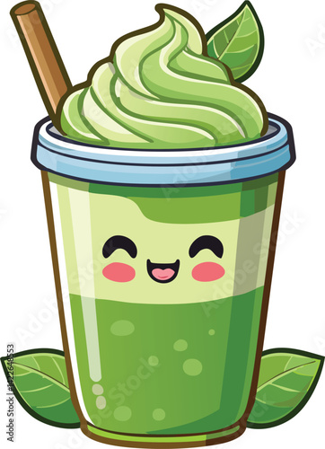 Adorable Matcha Latte Illustration To Go Cup Featuring Happy Kawaii Style Character Green Tea Delightful Beverage