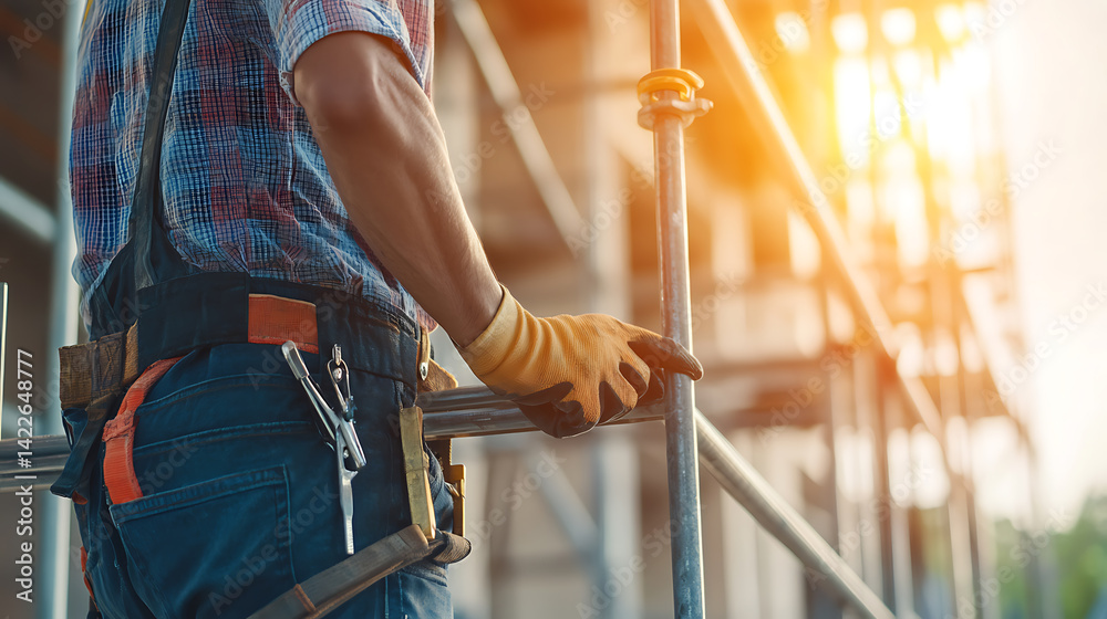 Construction Worker on Scaffolding at Sunset