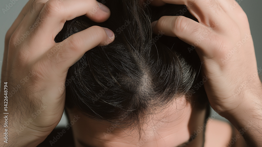 Man running hands through hair showing signs of balding and hair loss Man running hands through hair showing signs of balding and hair loss
