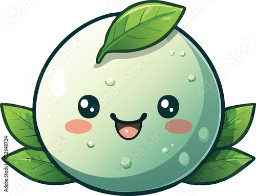 Adorable Kawaii Mochi Character Illustration with Pastel Colors and Green Leaves on White Backdrop for Sweet Themed Designs and Earth Day Celebration