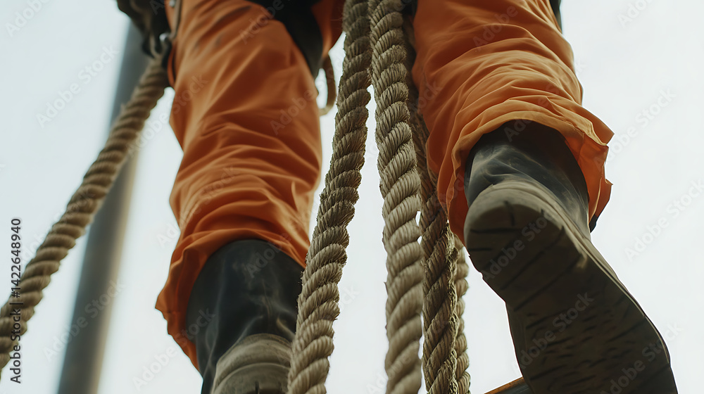 Person in Orange Workwear Climbing Ropes