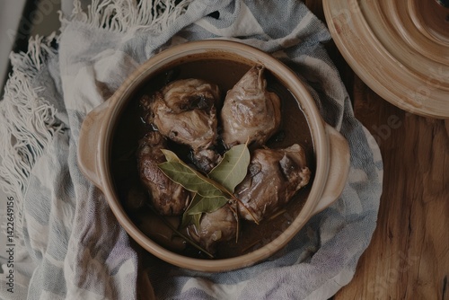 Top Down View of Freshly Cooked Adobo Dish in Clay Pot
