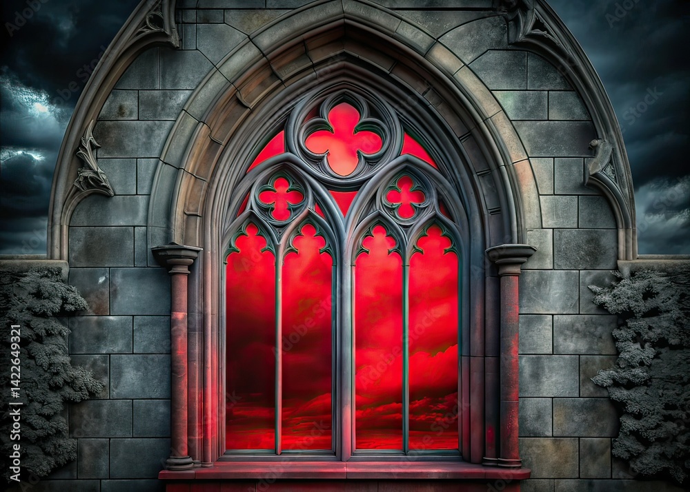 Fototapeta premium Gothic Red Window Digital Art - Copy Space