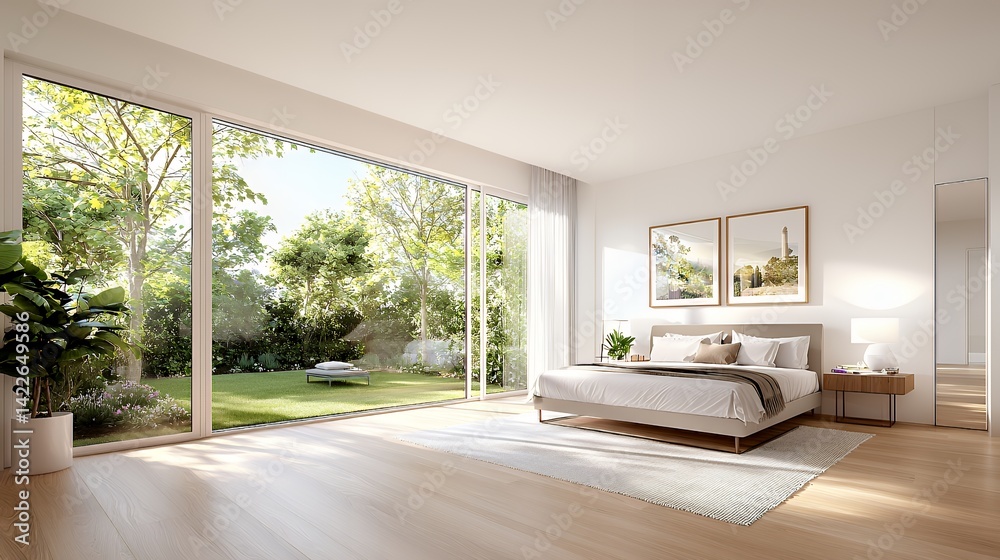Fototapeta premium Sunlit bedroom with a green garden view