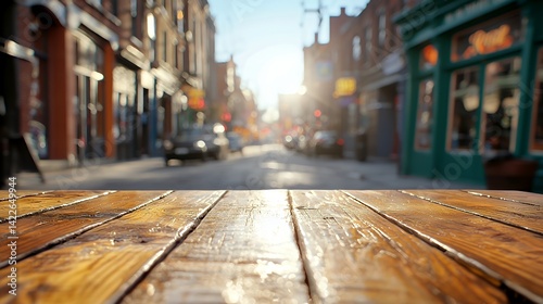 Wallpaper Mural Sunlit city street with foreground wooden texture and blurred background Torontodigital.ca