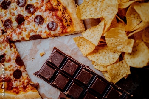 Top Down View of Table with Half Eaten Comfort Foods and Snacks