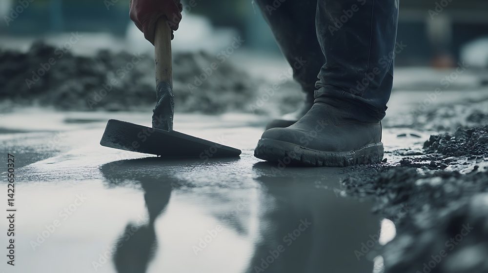 Construction Worker Using a Chisel on Wet Concrete