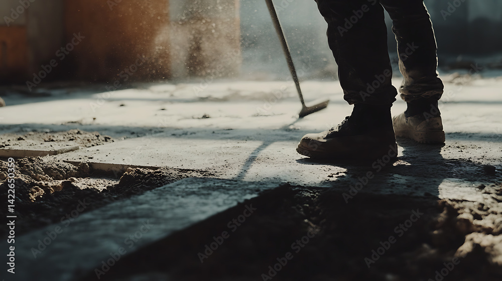 Construction Worker Smoothing Concrete Floor