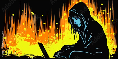 Vector Illustration of Sad Lonely Teen Girl Hacker Wearing Hoodie Typing on Laptop with Abstract Vibrant Orange Yellow Background Depicting Cybercrime Concept Art