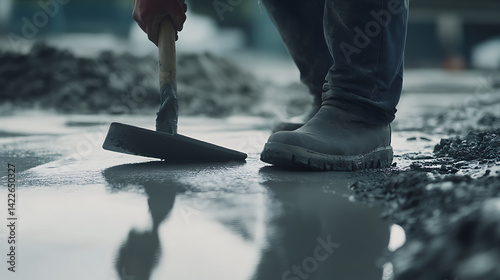 Construction Worker Using a Chisel on Wet Concrete