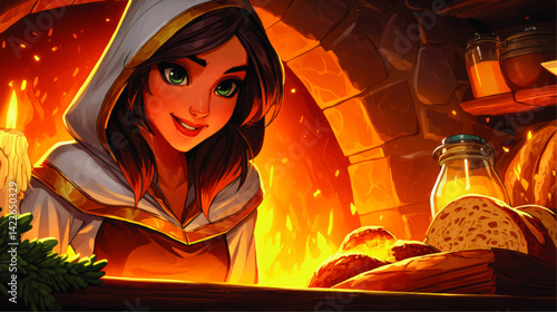 Enchanting Vector Illustration of Smiling Hooded Girl Baking Bread Near Warm Fireplace with Candlelit Aura Cozy Atmosphere Digital Artwork Fantasy Scene Concept Art
