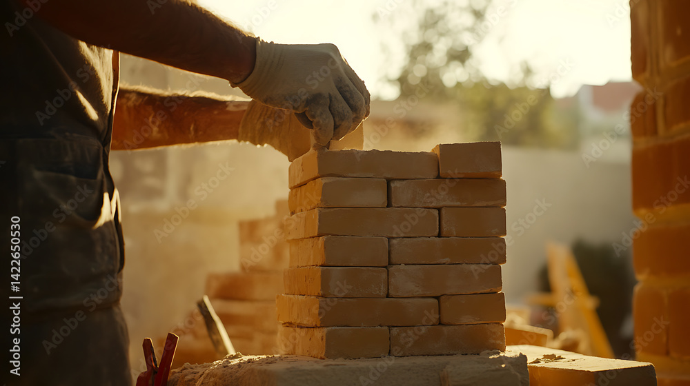 Bricklayer Stacking Bricks at Construction Site